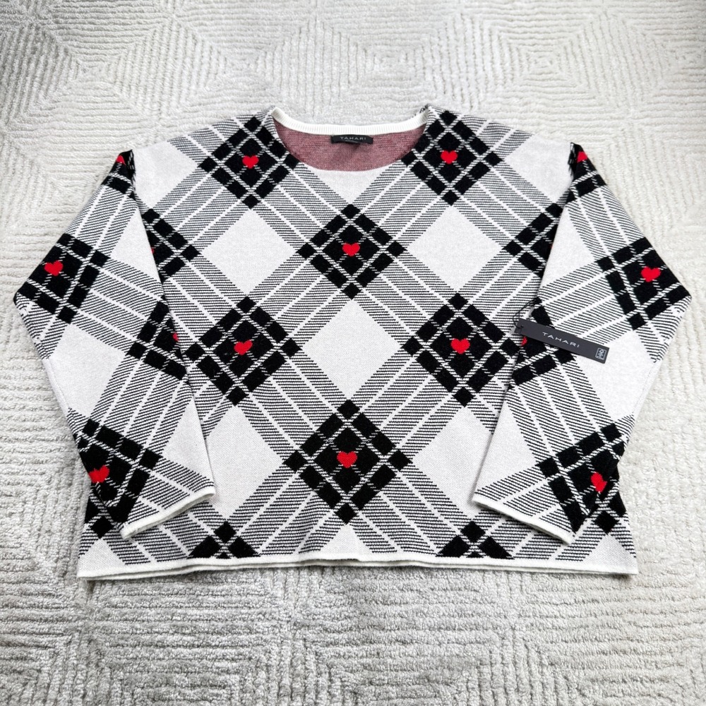 Tahari Plaid Heart Sweater Women's XL White Black NWT Coquette Preppy Valentine